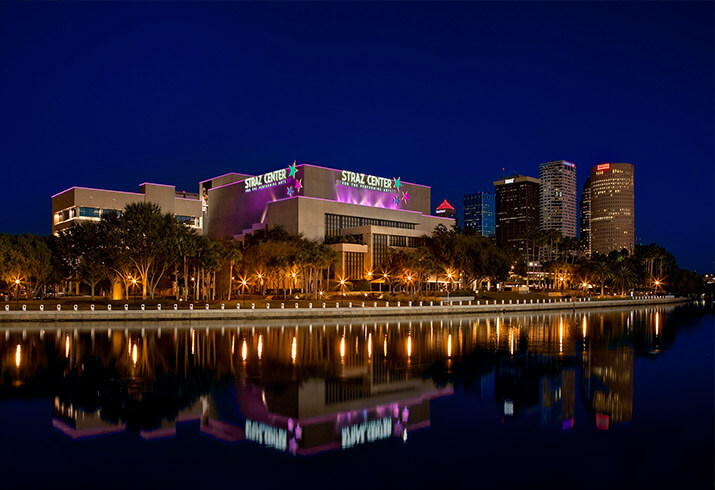 The Straz Center lights up Tampa Bay at night.